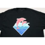 Pink Dolphin Shirt Mens XL Black Graphic Tee Ocean Streetwear Dolphin Wave Logo